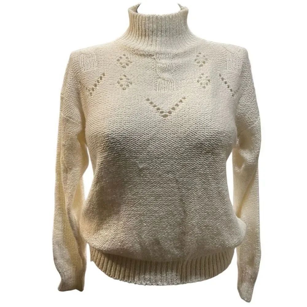 Vtg Diane von Furstenberg Womens Mockneck Sweater M Ivory Pointelle Eyelet Knit
